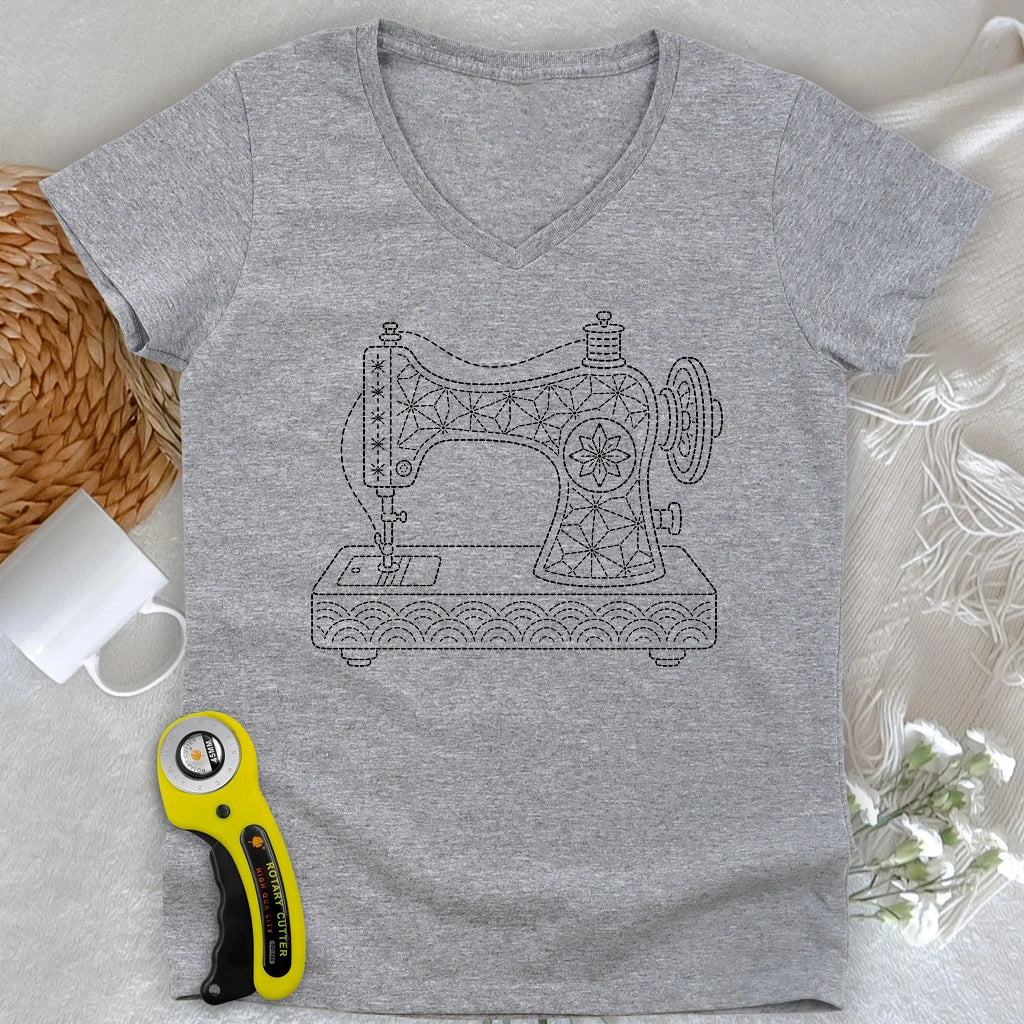 Sashiko Sewing Machine Lady V-neck