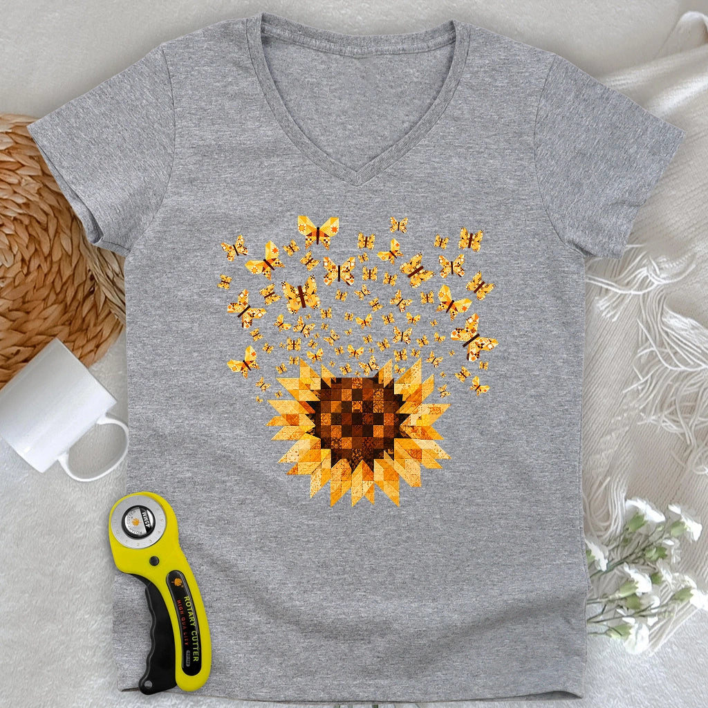Sunflower Magic Quilt Bloom Lady V-neck