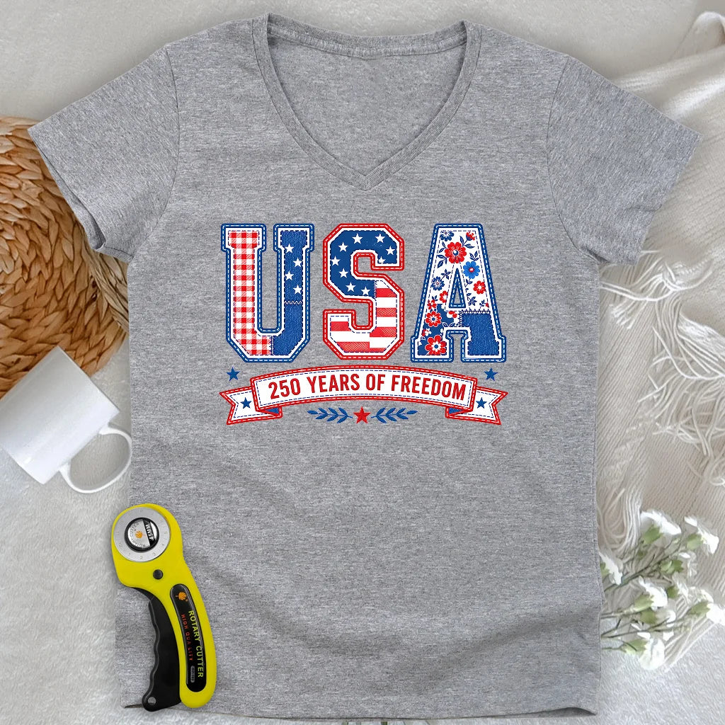 USA Patchwork Freedom Lady V-neck