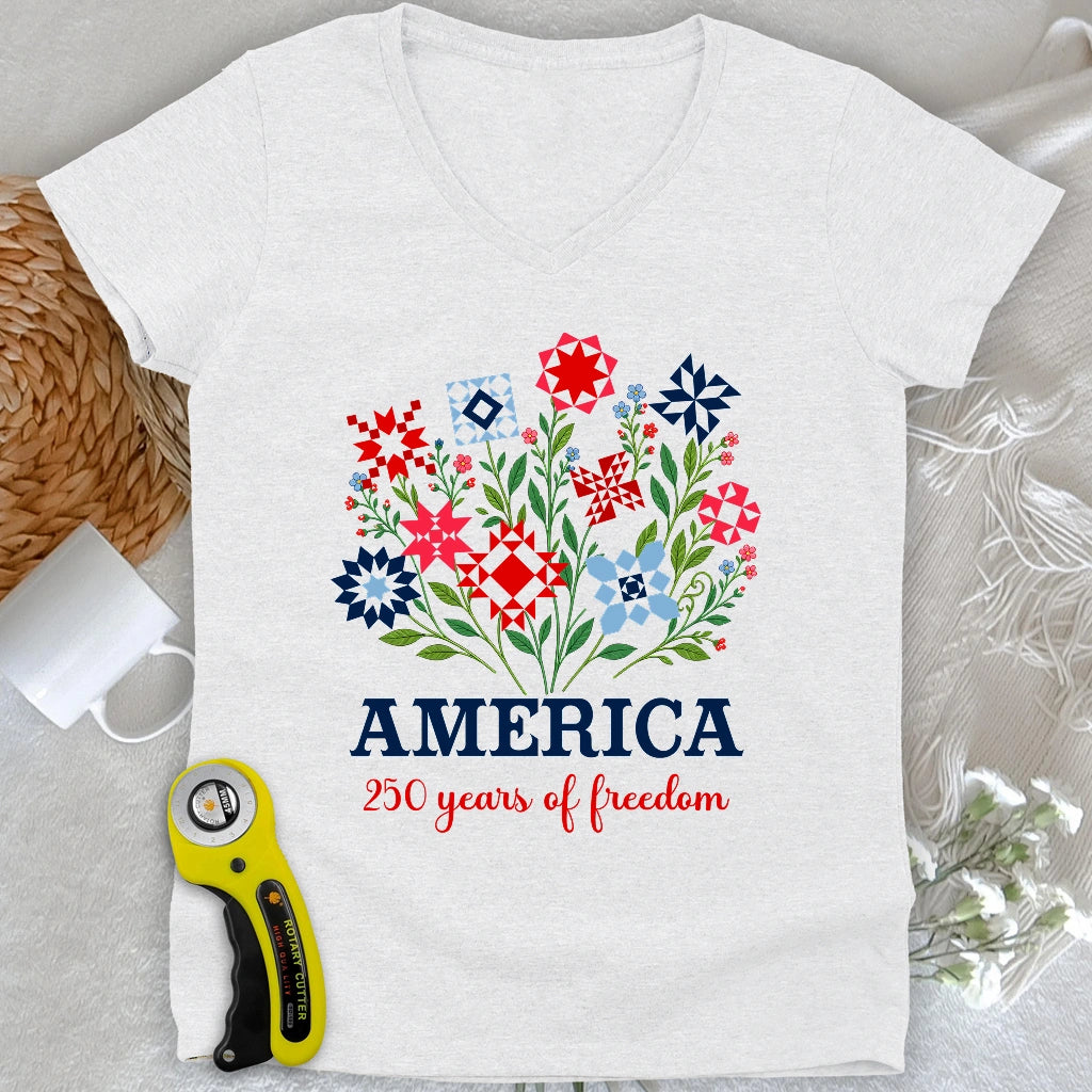 Americana Quilt Blooms Lady V-neck