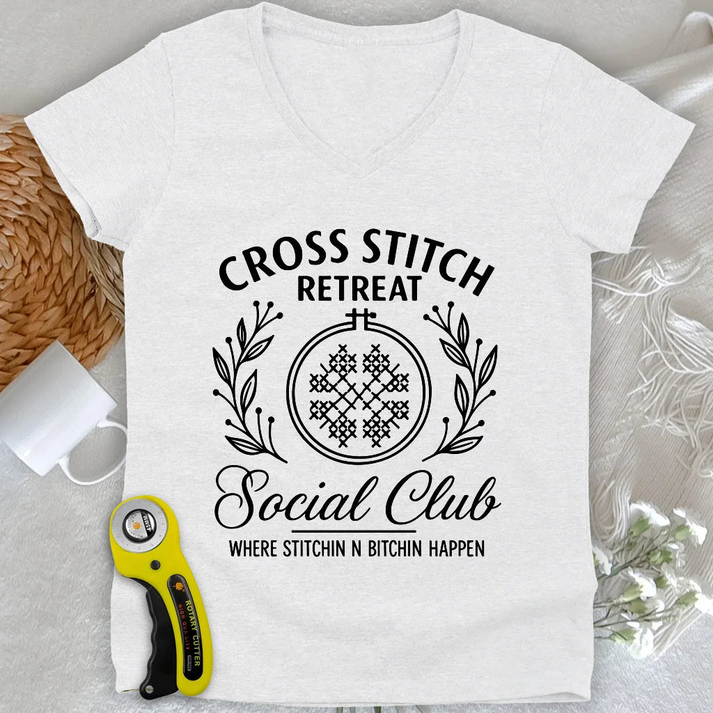 Cross Stitch Retreat Lady V-neck