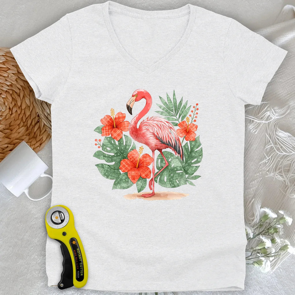 Flamingo- & Blumen-Patchwork-Damen-V-Ausschnitt