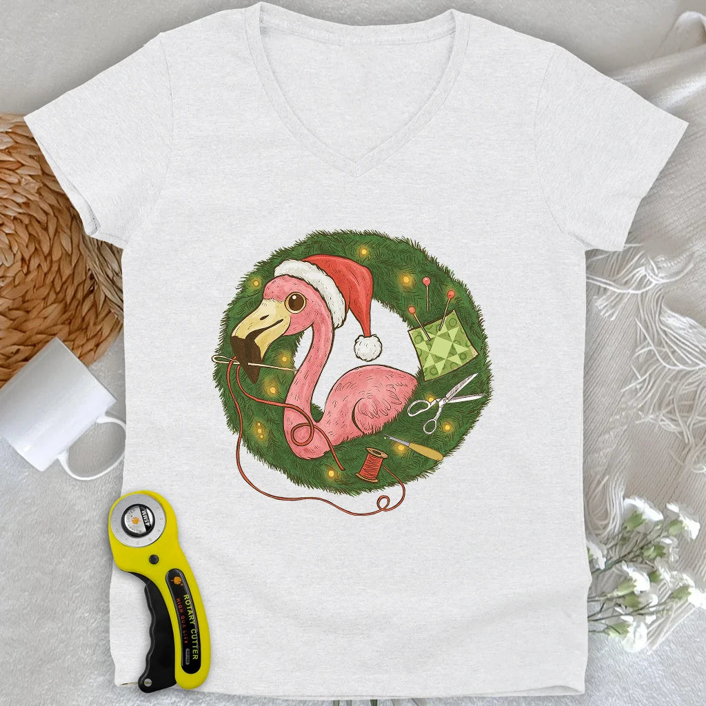 Flamingo's Quiltmas Wreath Lady V-neck