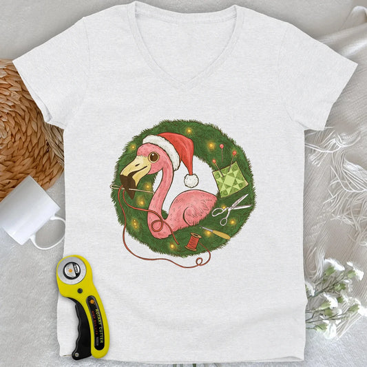 Flamingo's Quiltmas Wreath Lady V-neck