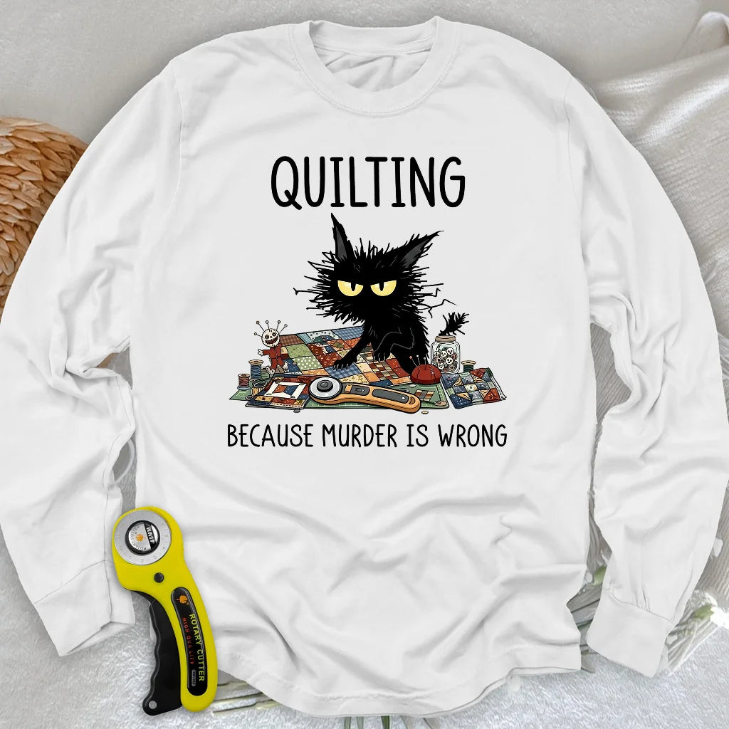 Mürrische Quilter-Katze Langarm-T-Shirt