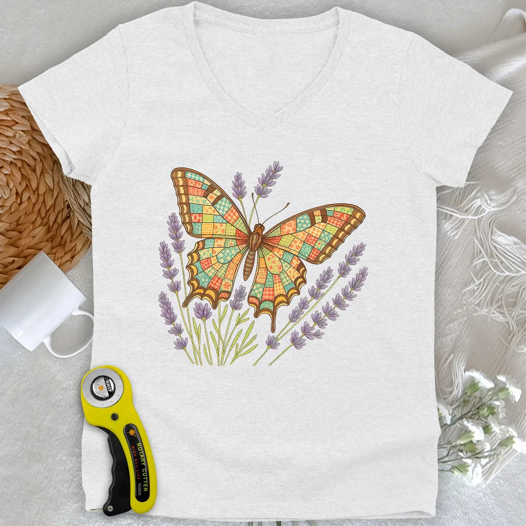 T-shirt papillon patchwork col en V pour femme
