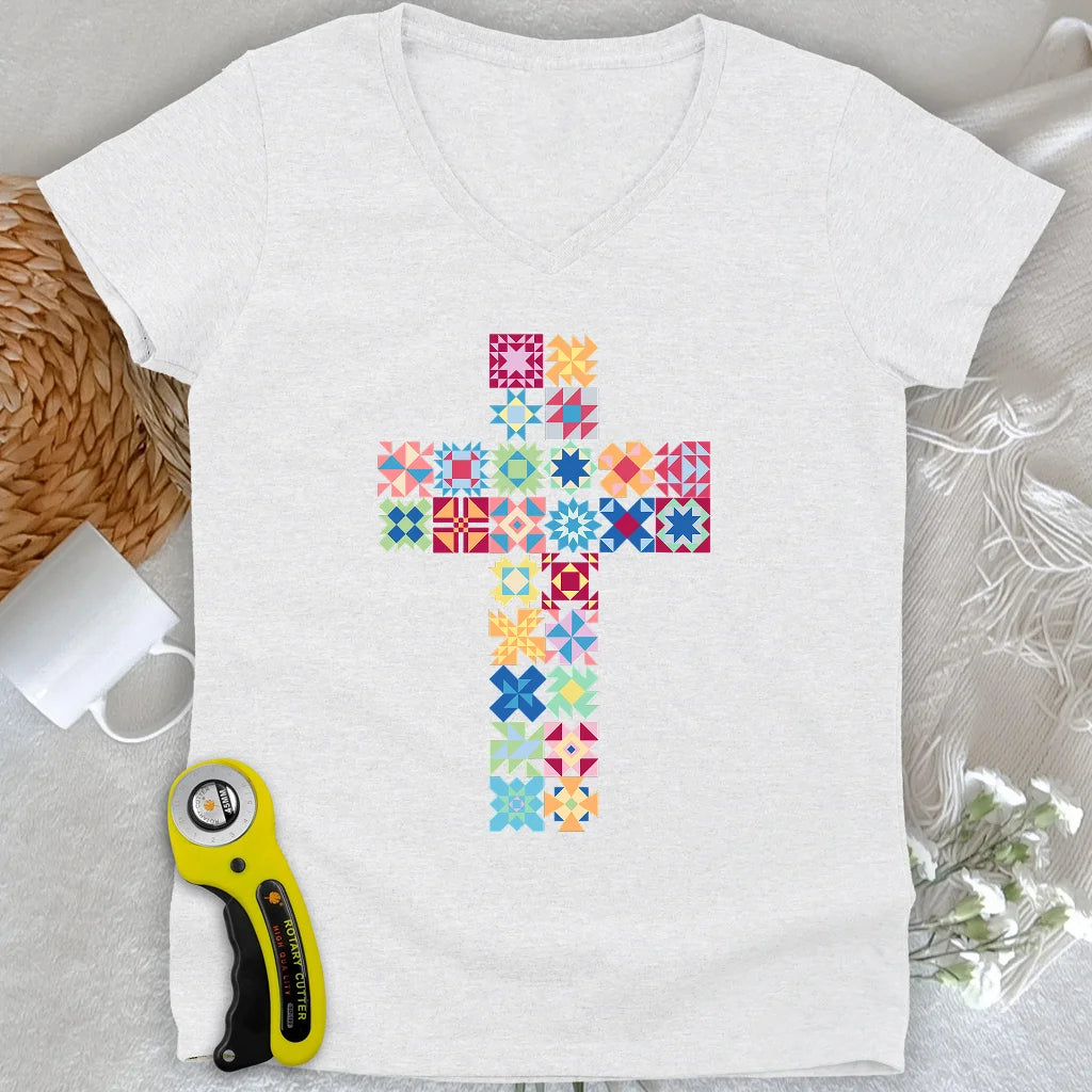 Patchwork Faith Cross Lady V-neck
