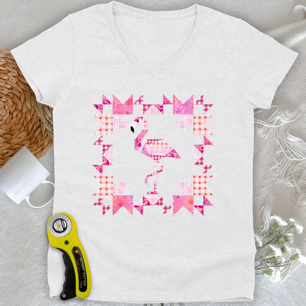 Patchwork Flamingo Panel Damen V-Ausschnitt
