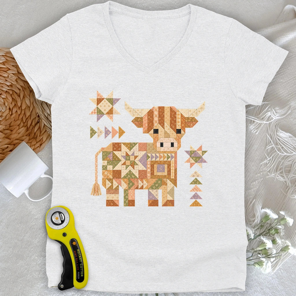 Patchwork Highland Cow Lady V-neck