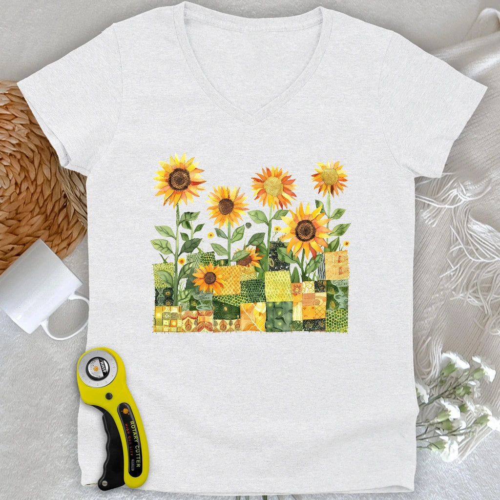 Quilted Sunflower Field Lady V-neck
