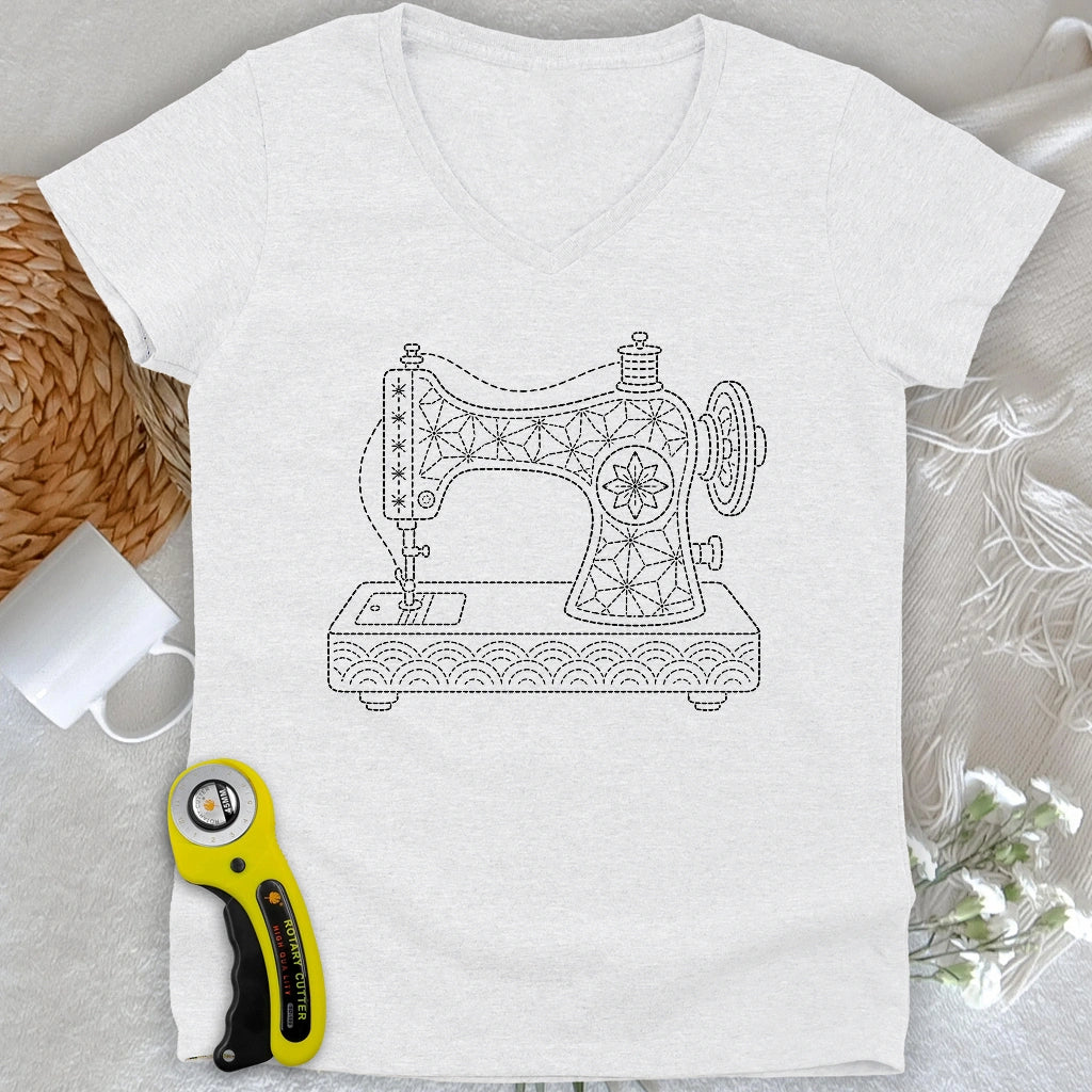 Sashiko Sewing Machine Lady V-neck