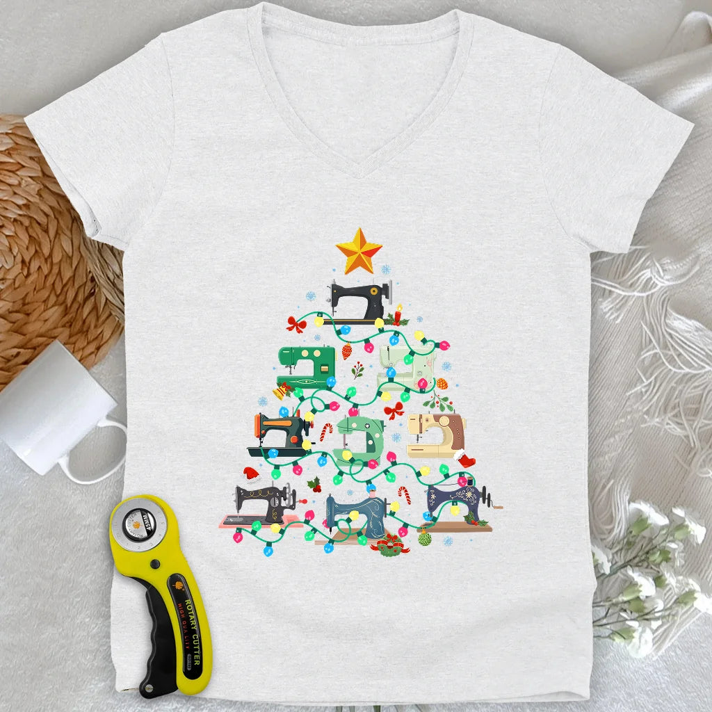 Sewing Christmas Tree Lady V-neck