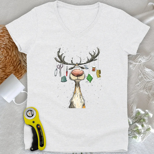 The Reindeer Quilter Lady V-neck