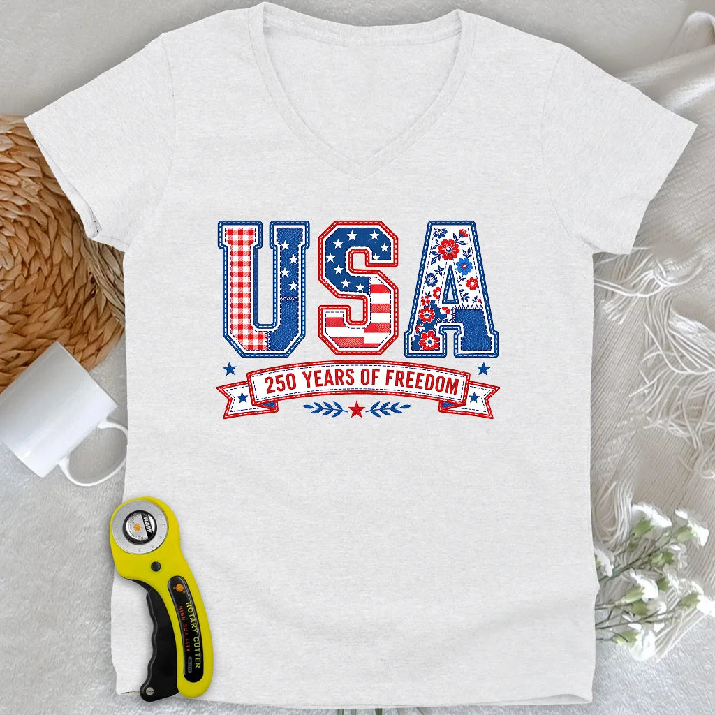 USA Patchwork Freedom Lady V-neck